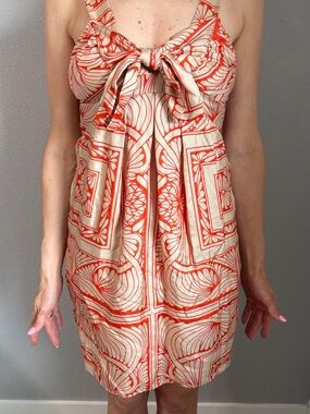 Hype 100% Silk Art Deco Floral Mini Dress - Bow Front & Pockets - Size 4